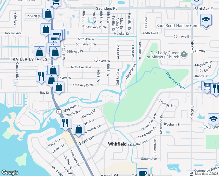 map of restaurants, bars, coffee shops, grocery stores, and more near 6918 Magellan Way in Sarasota