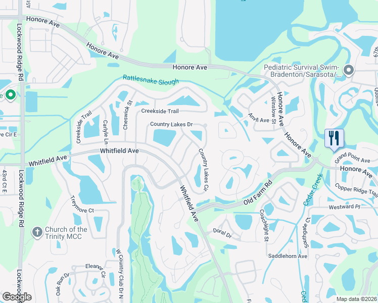 map of restaurants, bars, coffee shops, grocery stores, and more near 5693 Country Lakes Drive in Sarasota
