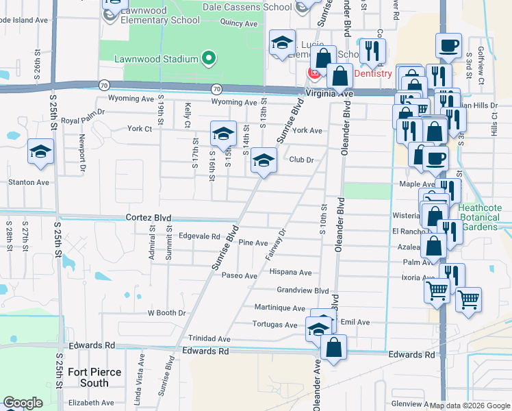 map of restaurants, bars, coffee shops, grocery stores, and more near 2730 Sunrise Boulevard in Fort Pierce