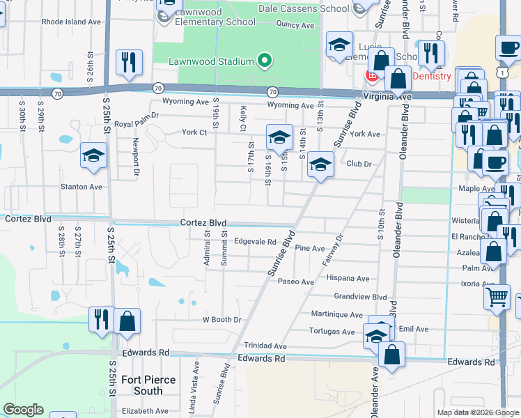 map of restaurants, bars, coffee shops, grocery stores, and more near 1607 Coronado Avenue in Fort Pierce