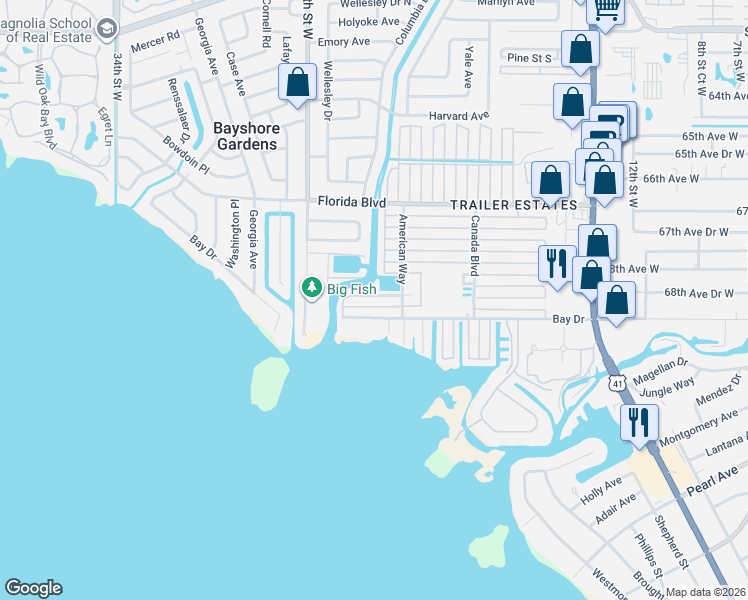 map of restaurants, bars, coffee shops, grocery stores, and more near 2309 Bay Drive in Bradenton