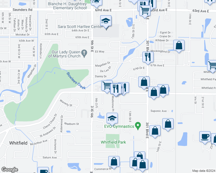 map of restaurants, bars, coffee shops, grocery stores, and more near 1090 69th Avenue East in Sarasota
