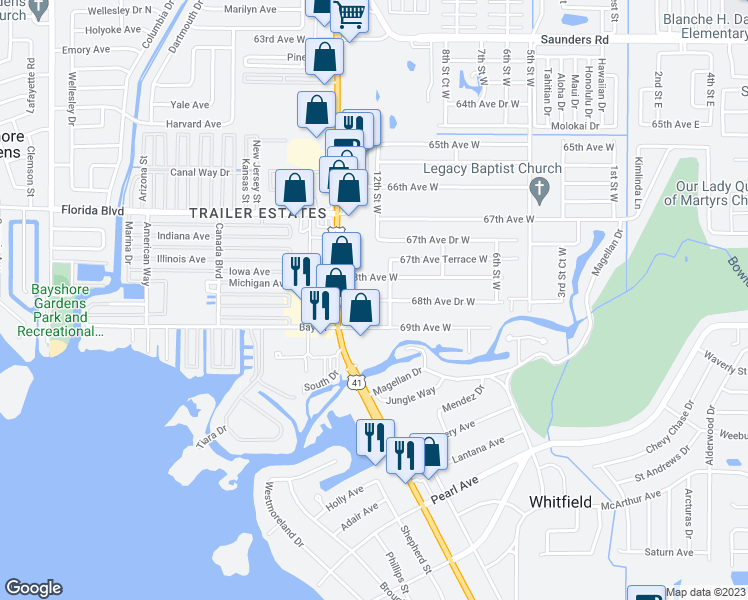 map of restaurants, bars, coffee shops, grocery stores, and more near 1219 68th Avenue Drive West in Bradenton