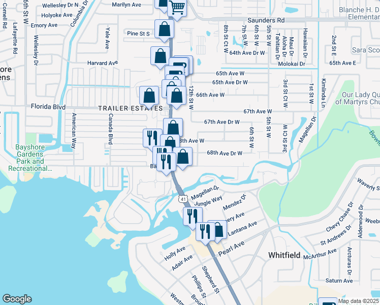 map of restaurants, bars, coffee shops, grocery stores, and more near 1219 68th Avenue Drive West in Bradenton
