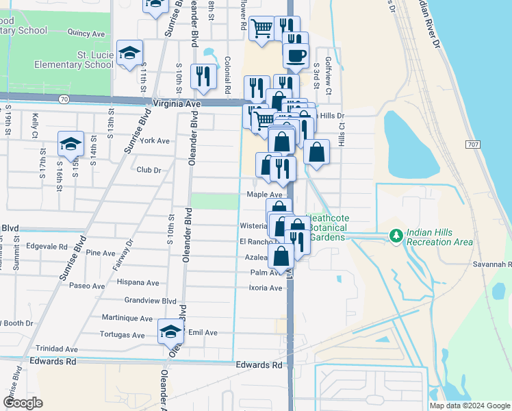 map of restaurants, bars, coffee shops, grocery stores, and more near 605A Maple Avenue in Fort Pierce