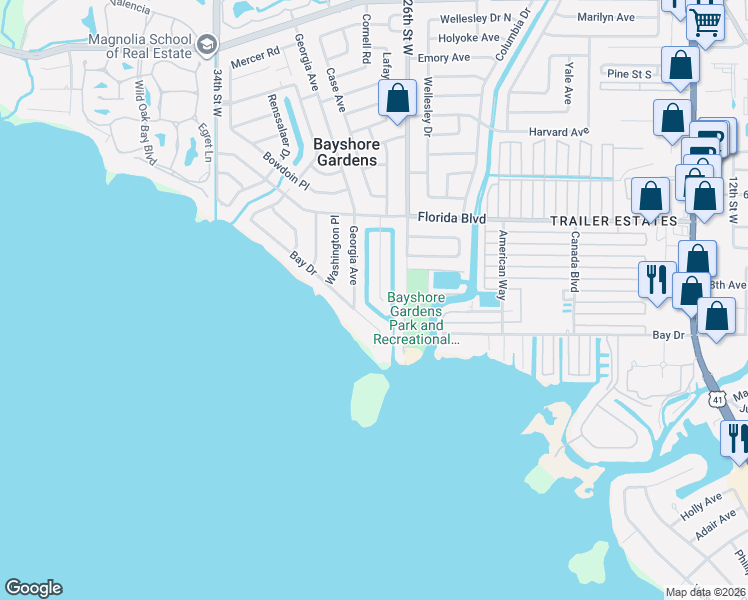 map of restaurants, bars, coffee shops, grocery stores, and more near 305 Bryn Mawr Island in Bradenton