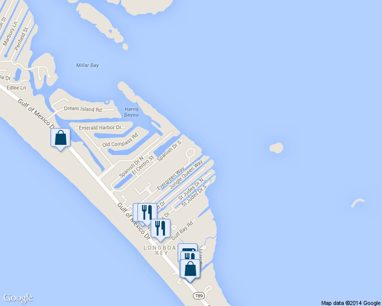 map of restaurants, bars, coffee shops, grocery stores, and more near 818 Evergreen Way in Longboat Key