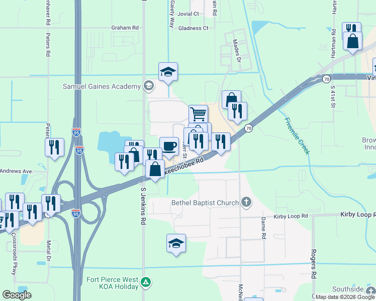 map of restaurants, bars, coffee shops, grocery stores, and more near 2602 Kerr Street in Fort Pierce
