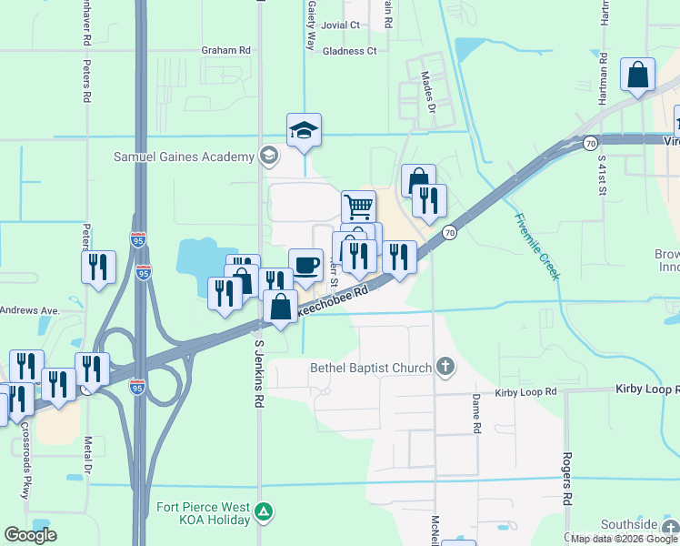 map of restaurants, bars, coffee shops, grocery stores, and more near 2602 Kerr Street in Fort Pierce