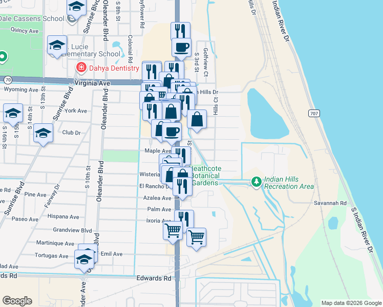 map of restaurants, bars, coffee shops, grocery stores, and more near 2603 Heathcote Drive in Fort Pierce