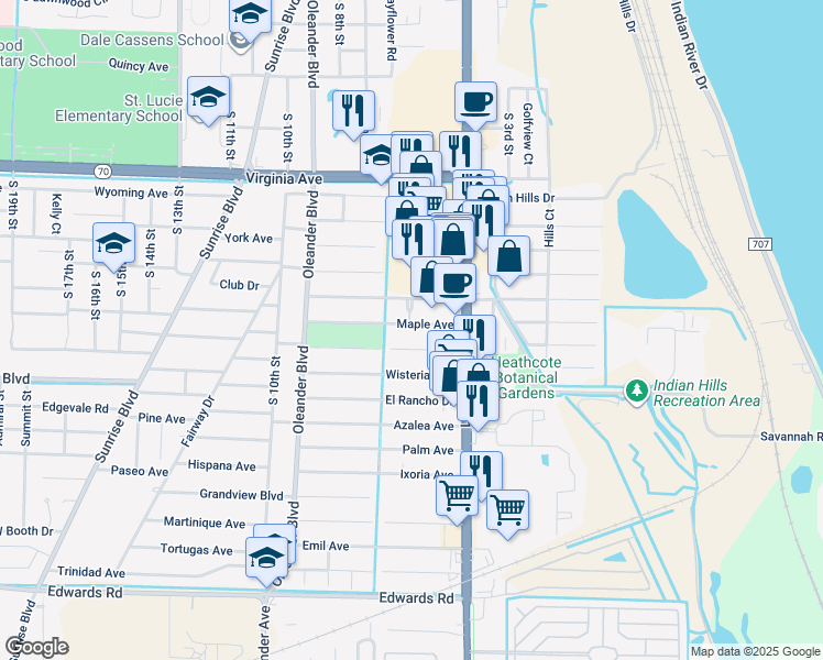 map of restaurants, bars, coffee shops, grocery stores, and more near 605A Maple Avenue in Fort Pierce
