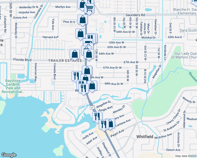 map of restaurants, bars, coffee shops, grocery stores, and more near 1219 68th Avenue Drive West in Bradenton