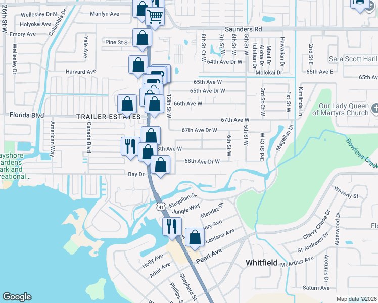map of restaurants, bars, coffee shops, grocery stores, and more near 912 68th Avenue West in Bradenton