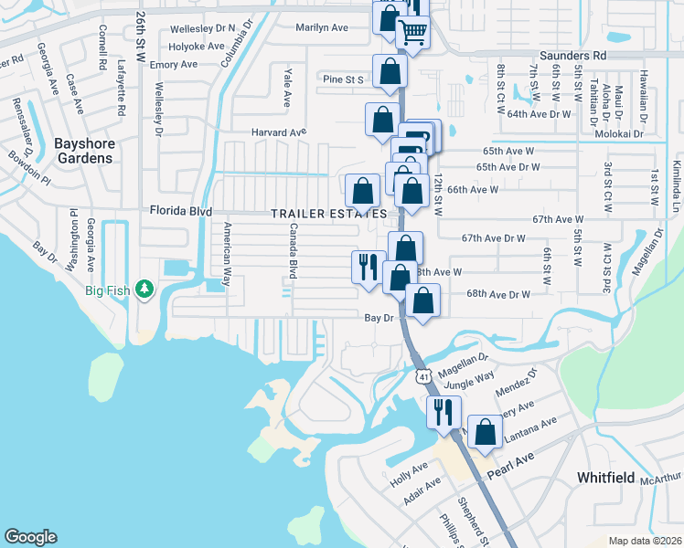 map of restaurants, bars, coffee shops, grocery stores, and more near 1608 Michigan Avenue in Bradenton