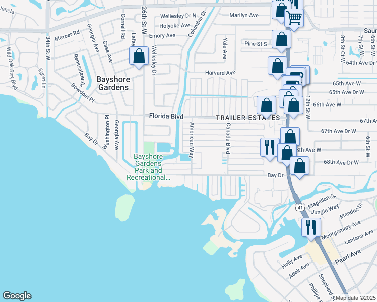 map of restaurants, bars, coffee shops, grocery stores, and more near 2205 Michigan Avenue in Bradenton