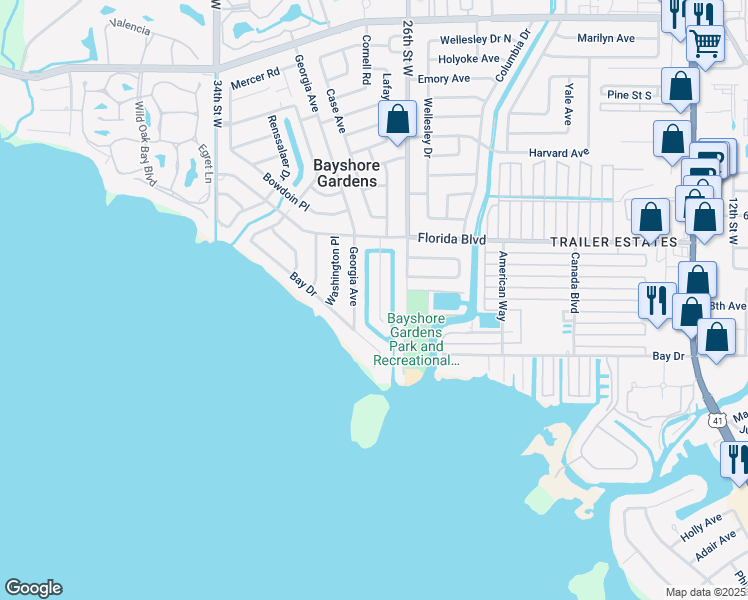 map of restaurants, bars, coffee shops, grocery stores, and more near 305 Bryn Mawr Island in Bradenton