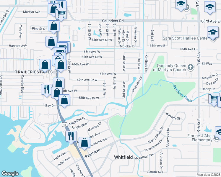 map of restaurants, bars, coffee shops, grocery stores, and more near 6804 5th Street West in Bradenton