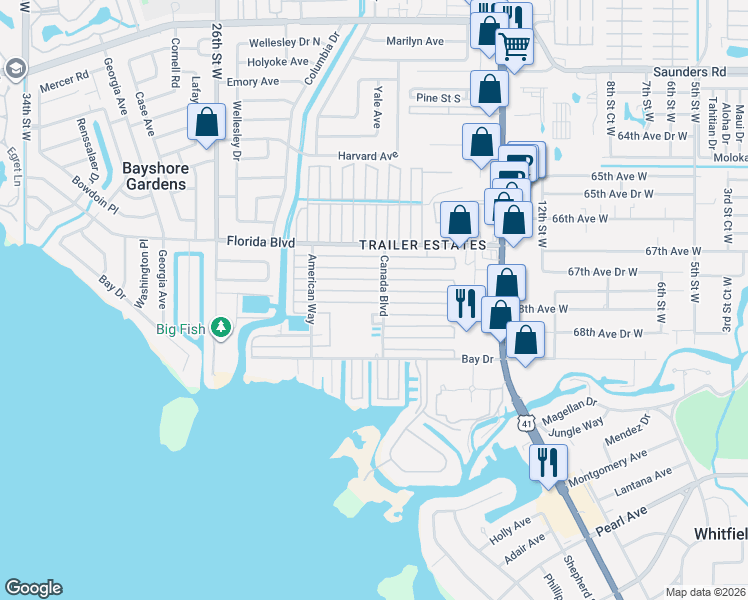map of restaurants, bars, coffee shops, grocery stores, and more near 4 Canada Boulevard in Bradenton