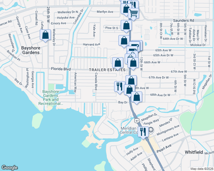 map of restaurants, bars, coffee shops, grocery stores, and more near 1804 Michigan Avenue in Bradenton