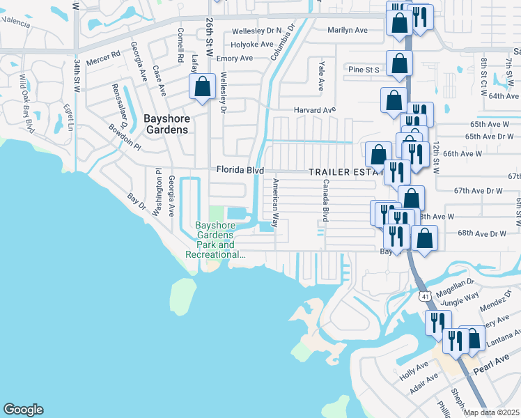 map of restaurants, bars, coffee shops, grocery stores, and more near 2205 Michigan Avenue in Bradenton