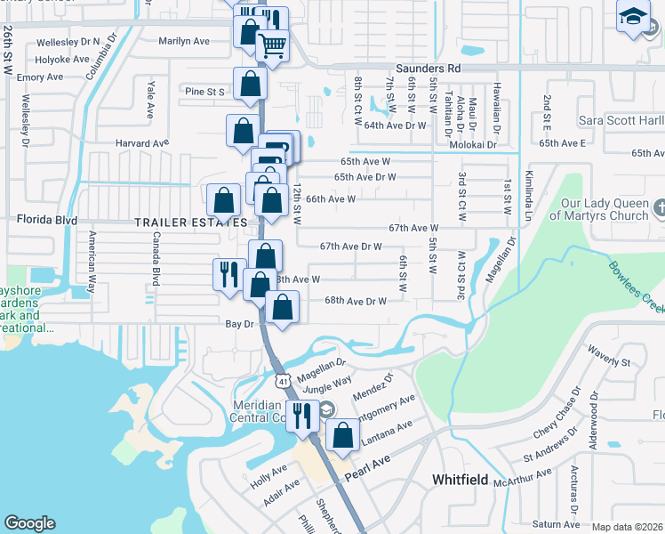 map of restaurants, bars, coffee shops, grocery stores, and more near 912 67th Avenue Drive West in Bradenton