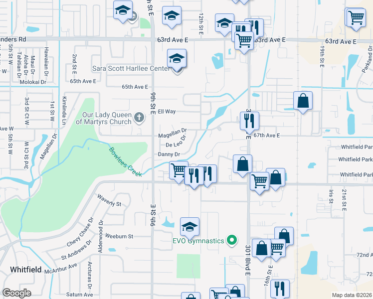 map of restaurants, bars, coffee shops, grocery stores, and more near 1015 De Leo Drive in Sarasota