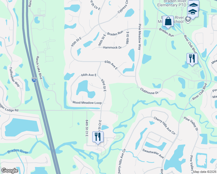 map of restaurants, bars, coffee shops, grocery stores, and more near 6604 93rd Street East in Bradenton