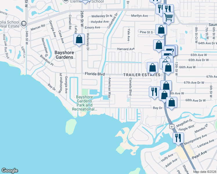 map of restaurants, bars, coffee shops, grocery stores, and more near 2205 Minnesota Avenue in Bradenton