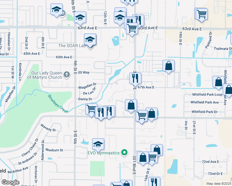map of restaurants, bars, coffee shops, grocery stores, and more near 1309 67th Drive East in Sarasota