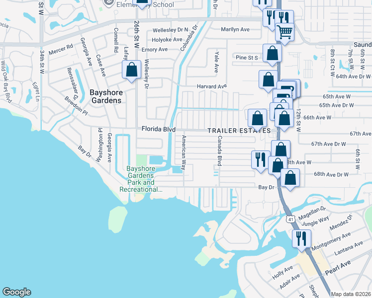 map of restaurants, bars, coffee shops, grocery stores, and more near 2205 Minnesota Avenue in Bradenton