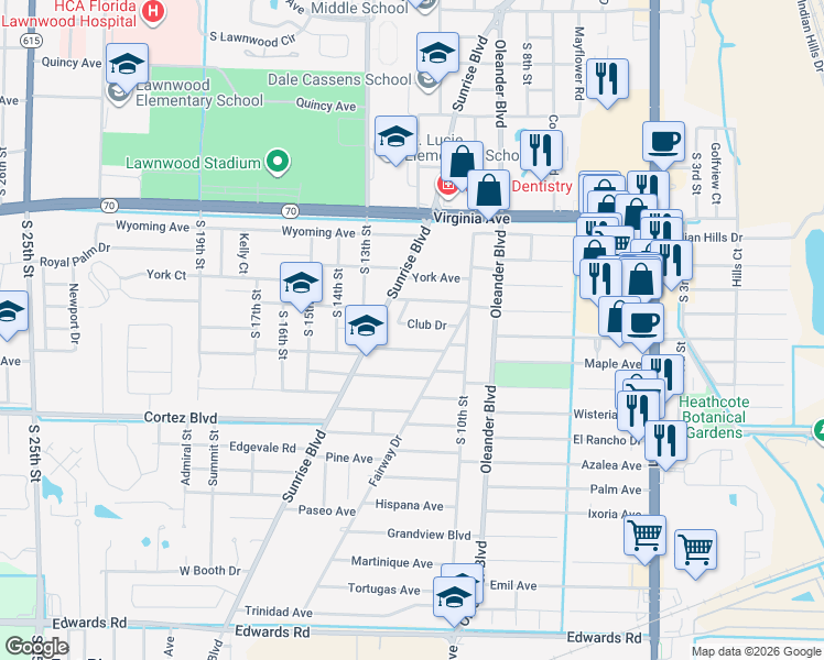 map of restaurants, bars, coffee shops, grocery stores, and more near 1123 Club Drive in Fort Pierce