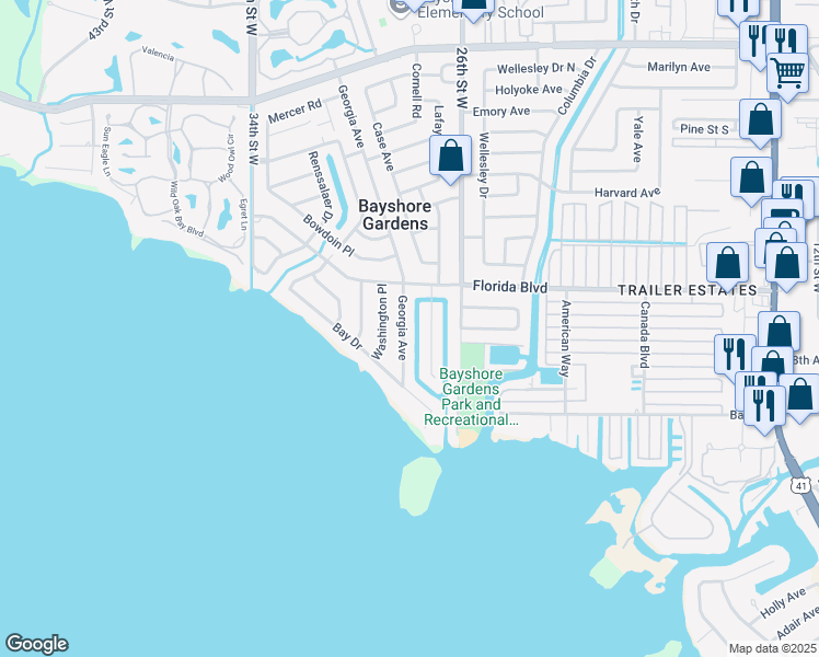 map of restaurants, bars, coffee shops, grocery stores, and more near 6735 Georgia Avenue in Bradenton