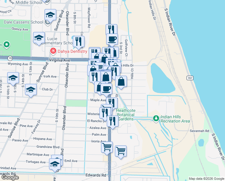 map of restaurants, bars, coffee shops, grocery stores, and more near 2613 South 3rd Street in Fort Pierce