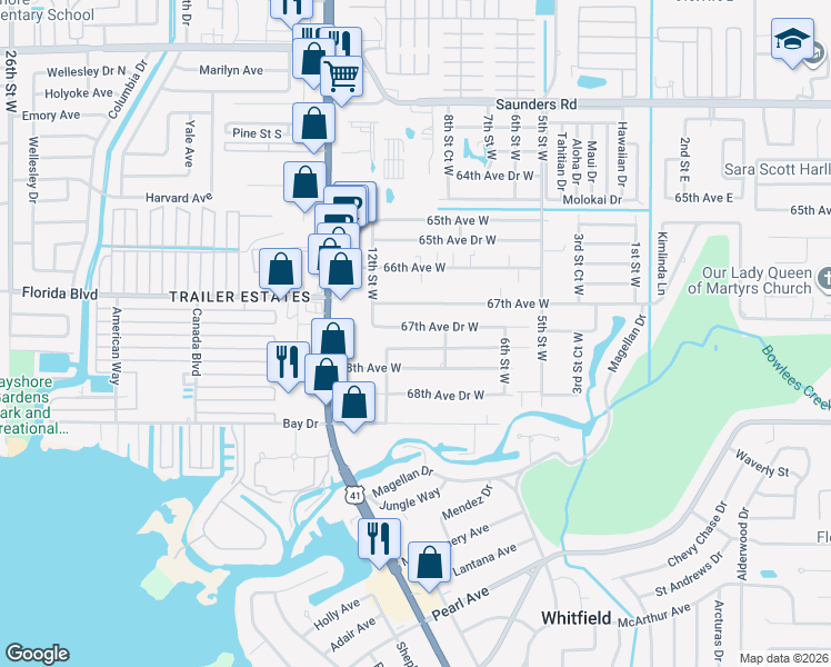 map of restaurants, bars, coffee shops, grocery stores, and more near 912 67th Avenue Drive West in Bradenton