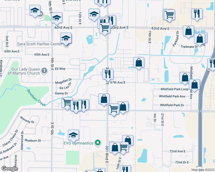 map of restaurants, bars, coffee shops, grocery stores, and more near 6733 15th Street East in Sarasota