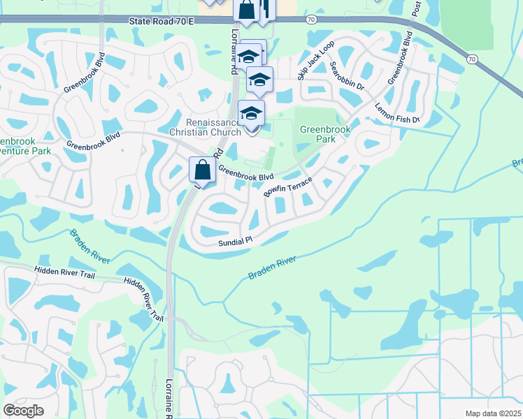 map of restaurants, bars, coffee shops, grocery stores, and more near 14722 Bowfin Terrace in Lakewood Ranch
