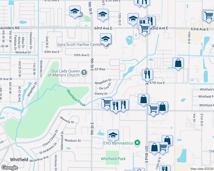 map of restaurants, bars, coffee shops, grocery stores, and more near 1015 De Leo Drive in Sarasota