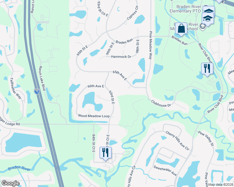 map of restaurants, bars, coffee shops, grocery stores, and more near 6604 93rd Street East in Bradenton