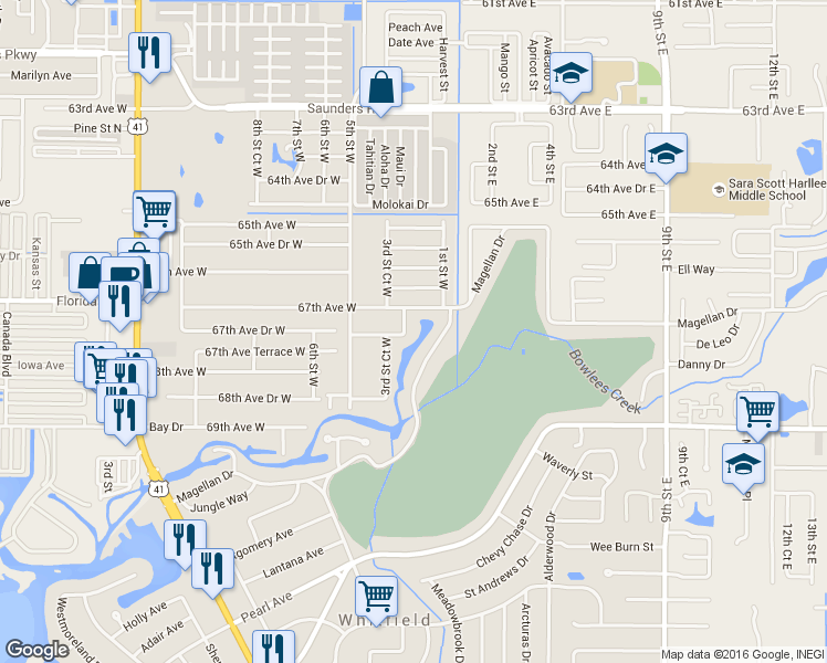 map of restaurants, bars, coffee shops, grocery stores, and more near 6707 3rd Street West in Bradenton