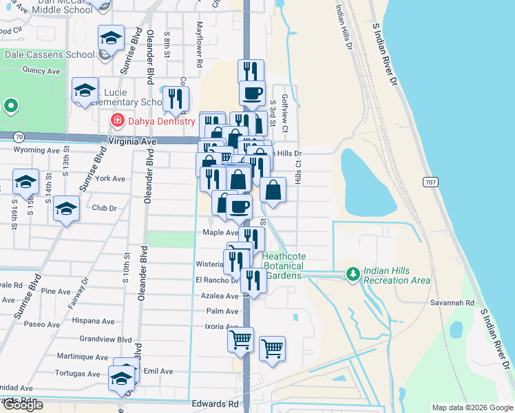 map of restaurants, bars, coffee shops, grocery stores, and more near 2613 South 3rd Street in Fort Pierce