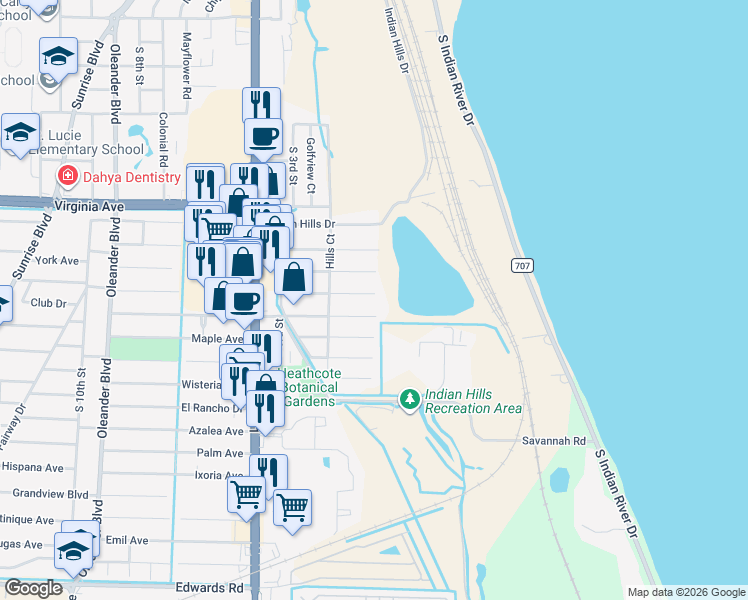 map of restaurants, bars, coffee shops, grocery stores, and more near 101 Hialeah Avenue in Fort Pierce