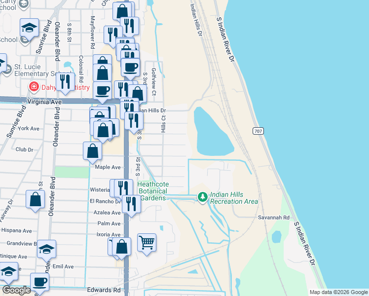 map of restaurants, bars, coffee shops, grocery stores, and more near 101 Hialeah Avenue in Fort Pierce