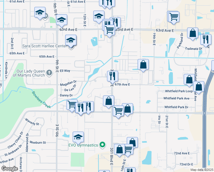 map of restaurants, bars, coffee shops, grocery stores, and more near 6720 15th Street East in Sarasota