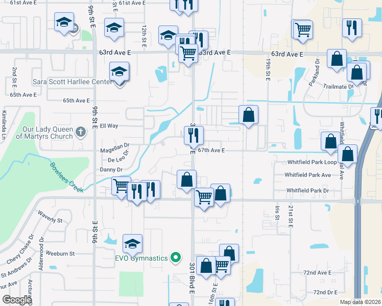 map of restaurants, bars, coffee shops, grocery stores, and more near 6733 15th Street East in Sarasota