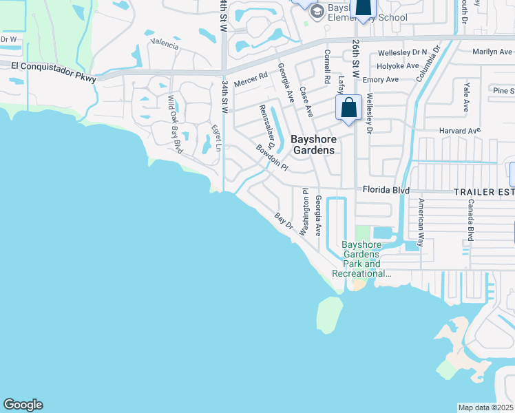 map of restaurants, bars, coffee shops, grocery stores, and more near 3112 Bay Drive in Bradenton
