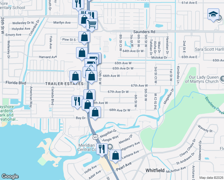 map of restaurants, bars, coffee shops, grocery stores, and more near 912 67th Avenue Drive West in Bradenton