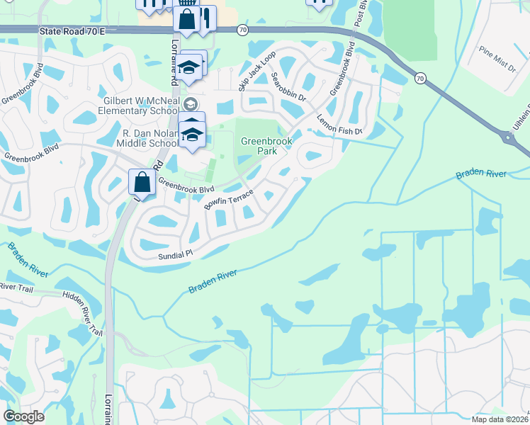 map of restaurants, bars, coffee shops, grocery stores, and more near 6725 Ladyfish Trail in Bradenton