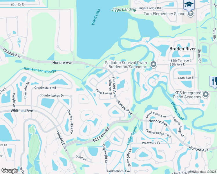 map of restaurants, bars, coffee shops, grocery stores, and more near 6847 Winslow Street in Sarasota