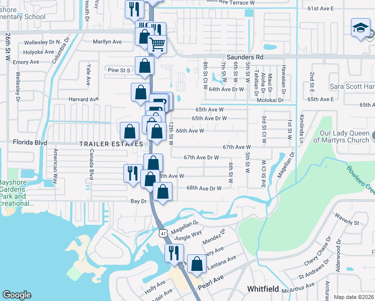 map of restaurants, bars, coffee shops, grocery stores, and more near 912 67th Avenue Drive West in Bradenton