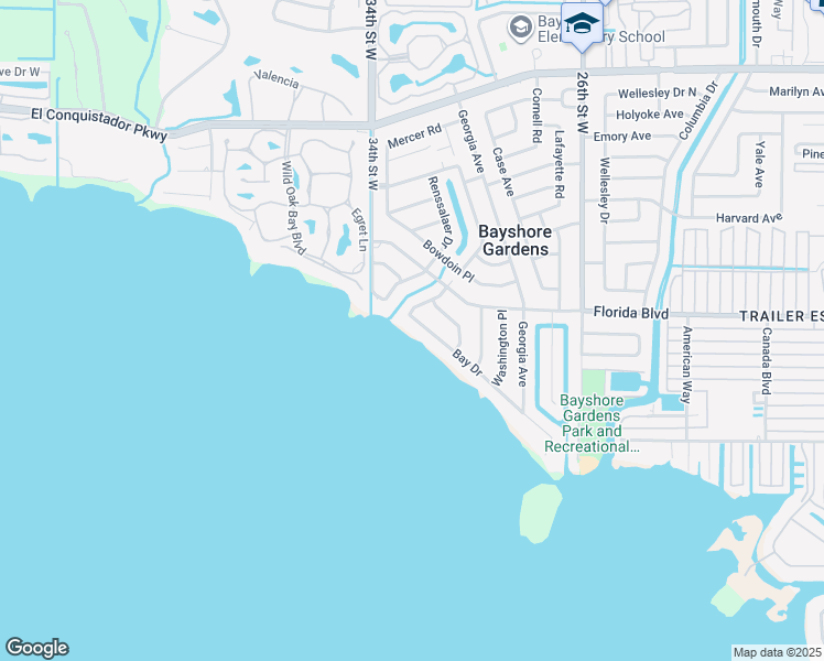 map of restaurants, bars, coffee shops, grocery stores, and more near 3112 Bay Drive in Bradenton